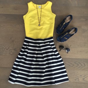 jcrew yellow tanktop chicwish striped skirt outfit