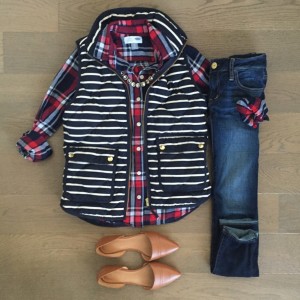 plaid and navy striped vest outfit