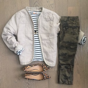 old navy quilted jacket zara camo pants outfit