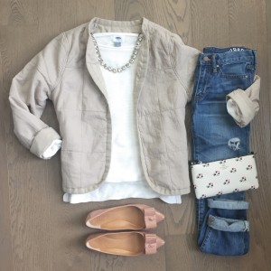 old navy quilted jacket pink bow flats outfit