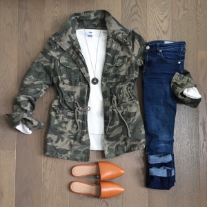 old navy mules and camo jacket outfit