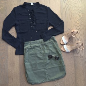 joe fresh khaki skirt and hm tie up shirt outfit