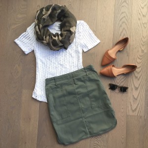 joe fresh khaki skirt outfit camo scarf