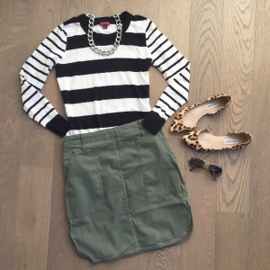 joe fresh khaki skirt and steve madden leopard flats outfit